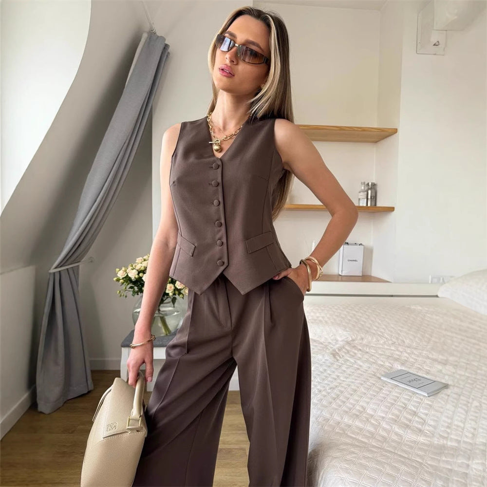 Damen elegantes 3-teiliges Anzug-Set mit ärmelloser Weste und weiten Hosen Shopnory