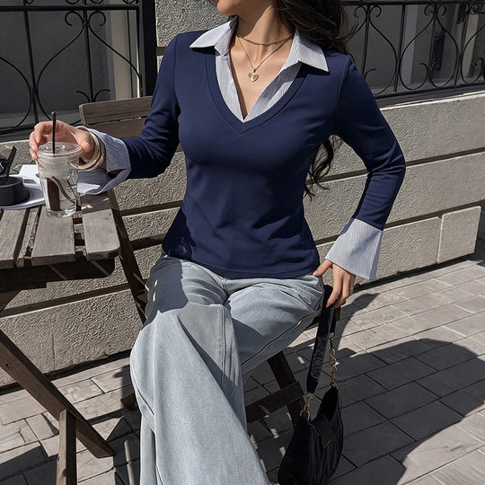 Damen Elegantes Longsleeve-Oberteil mit Hemdkragen Shop Nory