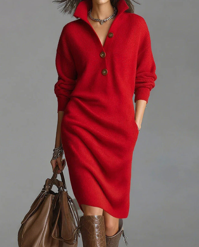 Damen nan gestricktes Pulloverkleid mit Polokragen, Eingrifftaschen und lässiger Passform Shop Nory