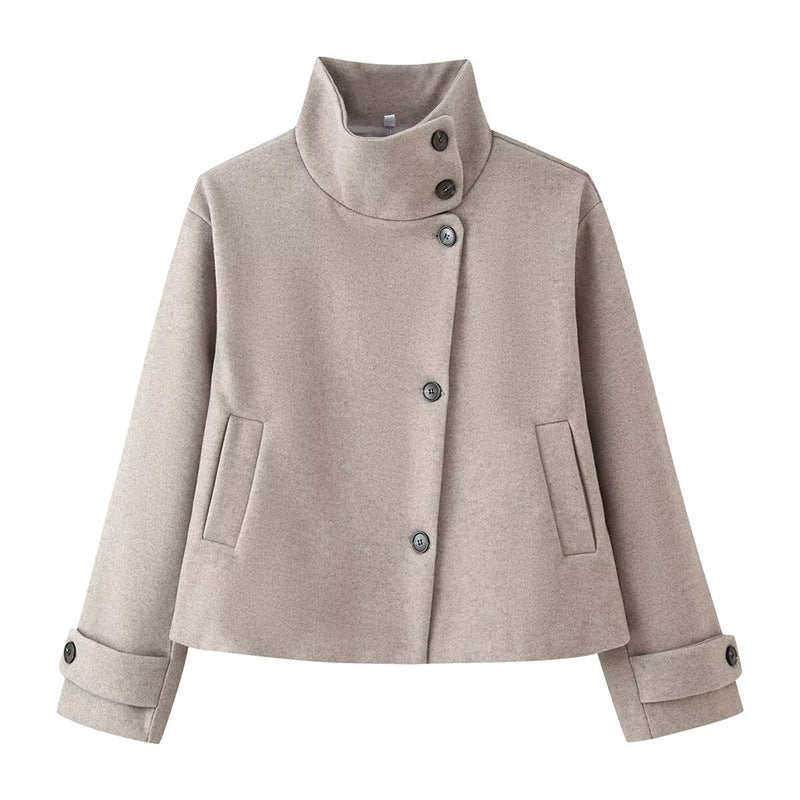 Damen kurze Boxy-Wolljacke mit Stehkragen und Manschetten Shop Nory