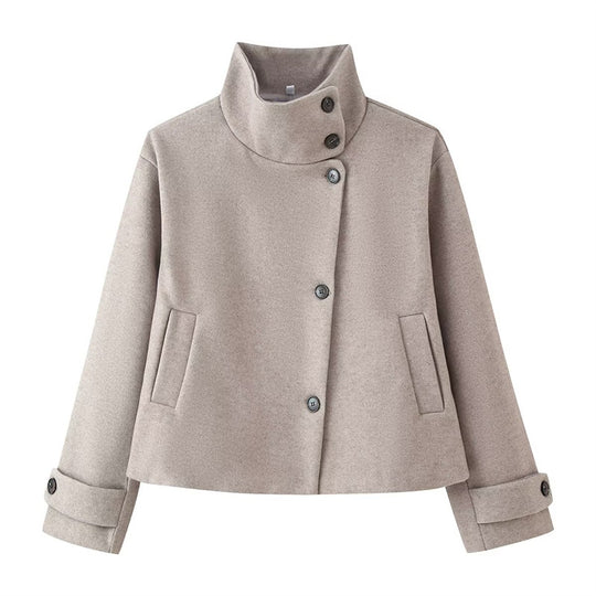Damen kurze Boxy-Wolljacke mit Stehkragen und Manschetten Shop Nory