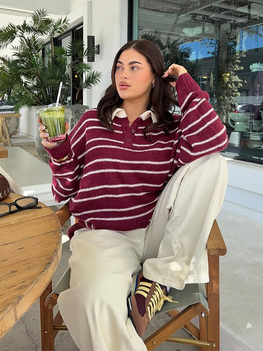 Damen Oversize Strickpullover mit Polokragen & Streifenmuster Shop Nory