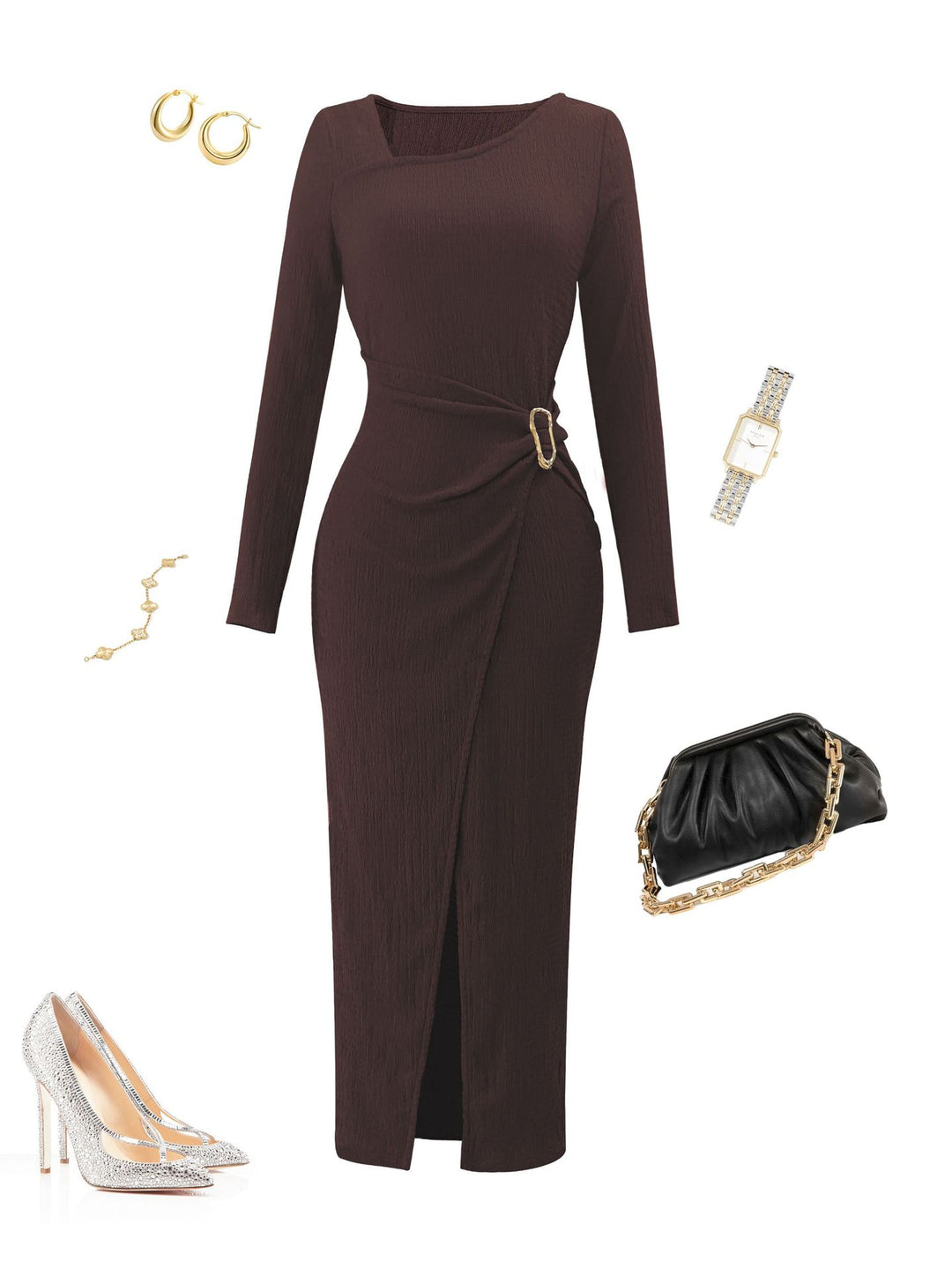 Damen asymmetrisches Wickel-Midikleid mit Ziergürtel, Drapierung und hohem Beinschlitz Shop Nory