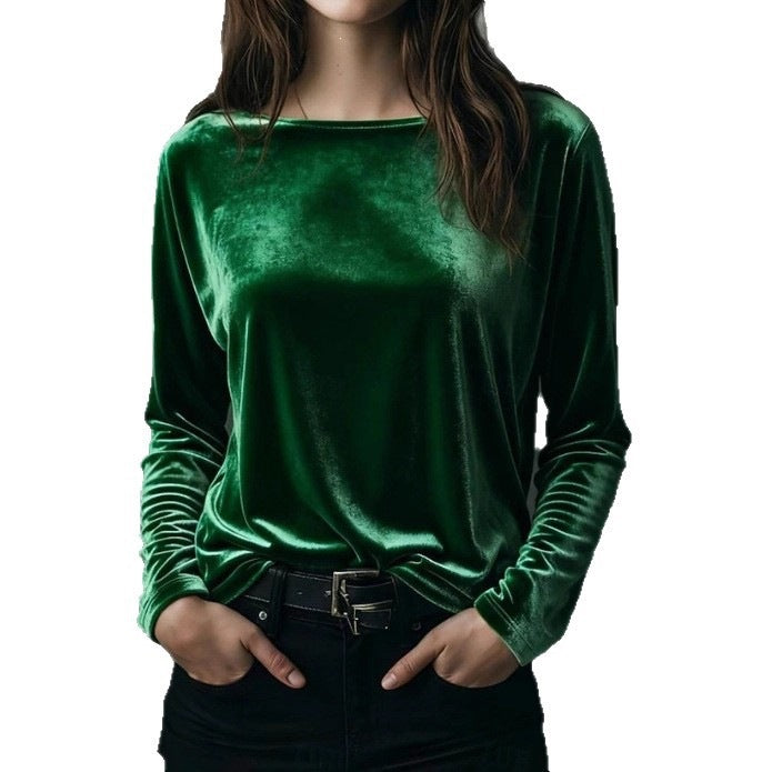 Damen Feines Velours-Langarmshirt mit U-Boot-Ausschnitt und kastiger Silhouette Shop Nory
