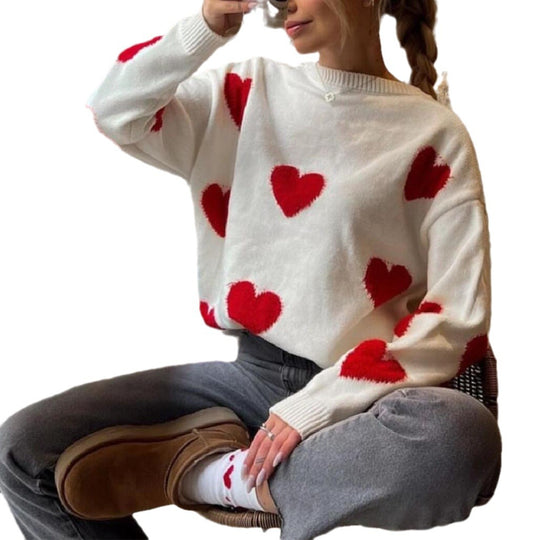 Damen Oversize Rundhalspullover mit Herz-Jacquard und gerippten Säumen Shop Nory
