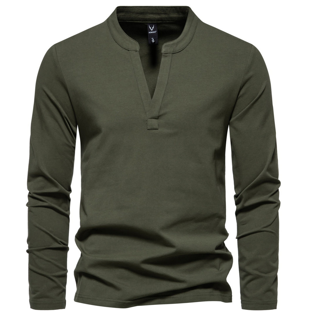 Herren langärmeliges Henleyshirt mit Stehkragen, tiefer V-Öffnung und schmaler Passform Shop Nory