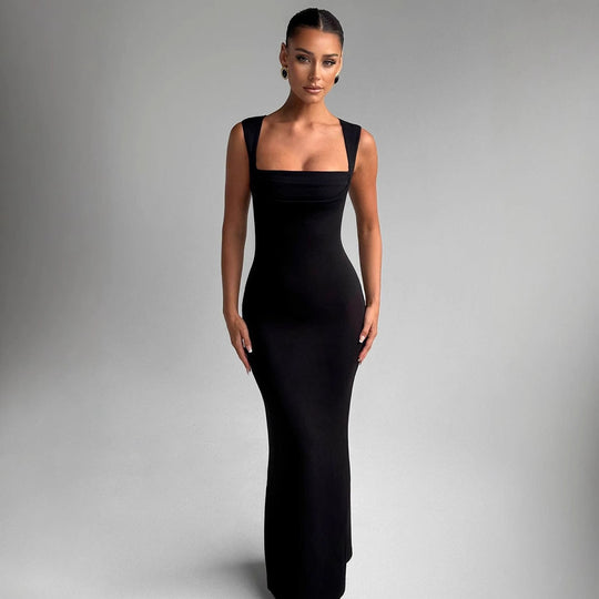 Damen Elegantes figurbetontes Maxikleid mit quadratischem Ausschnitt und tiefem Rücken Shopnory