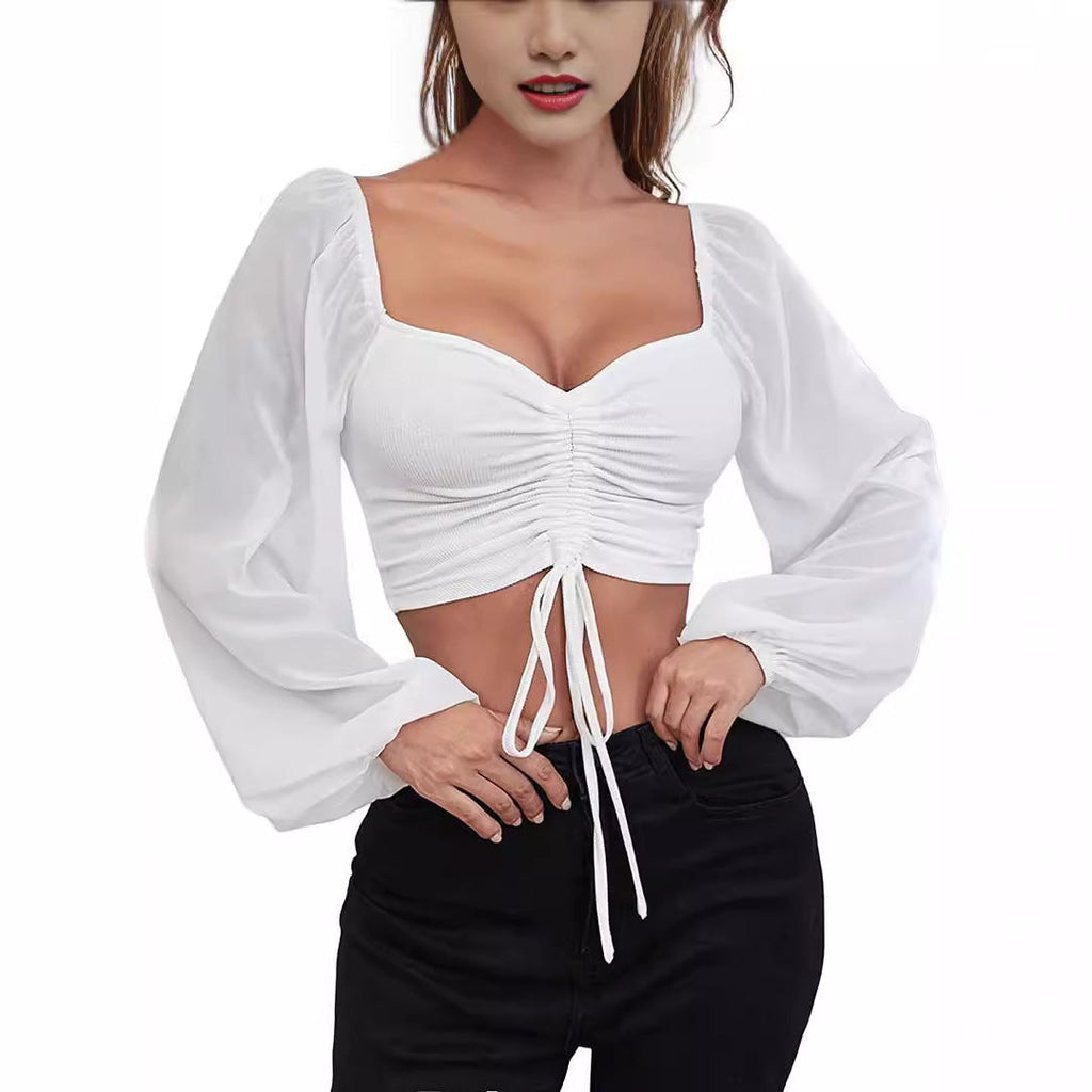 Damen Crop-Top mit strukturiertem Körper und eleganten Puffärmeln