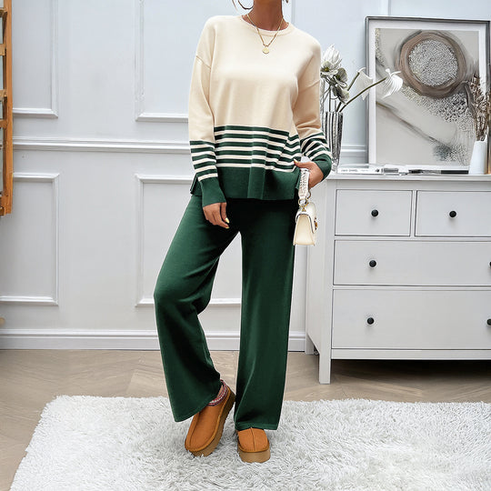 Damen nan lässiges Strick-Lounge-Set mit gestreiftem Rundhals-Pullover, Raglanärmeln und weiten taillenhohen Hosen Shop Nory
