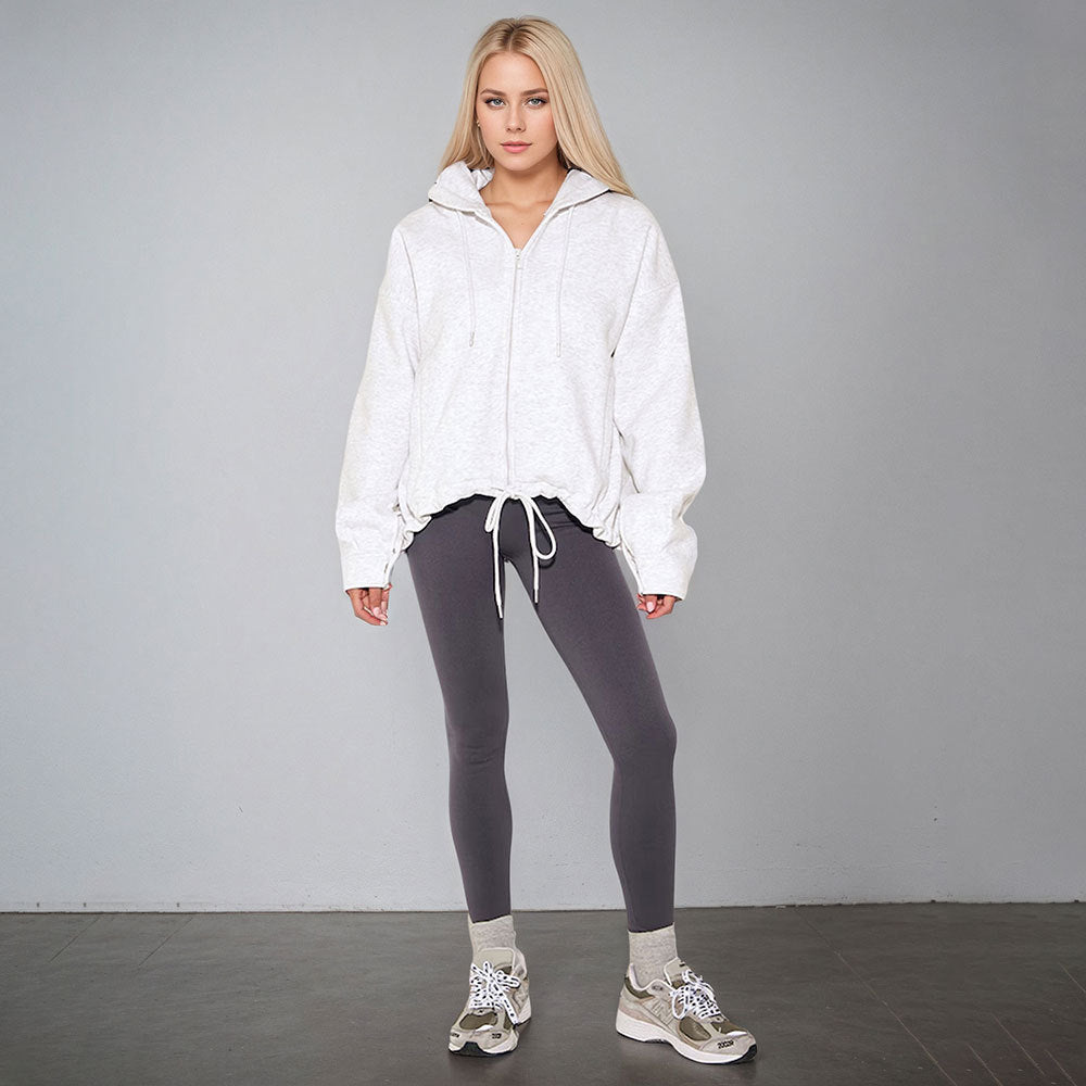 Damen oversized Kapuzenjacke mit Reißverschluss, Tunnelzug-Saum und Kängurutaschen Shop Nory