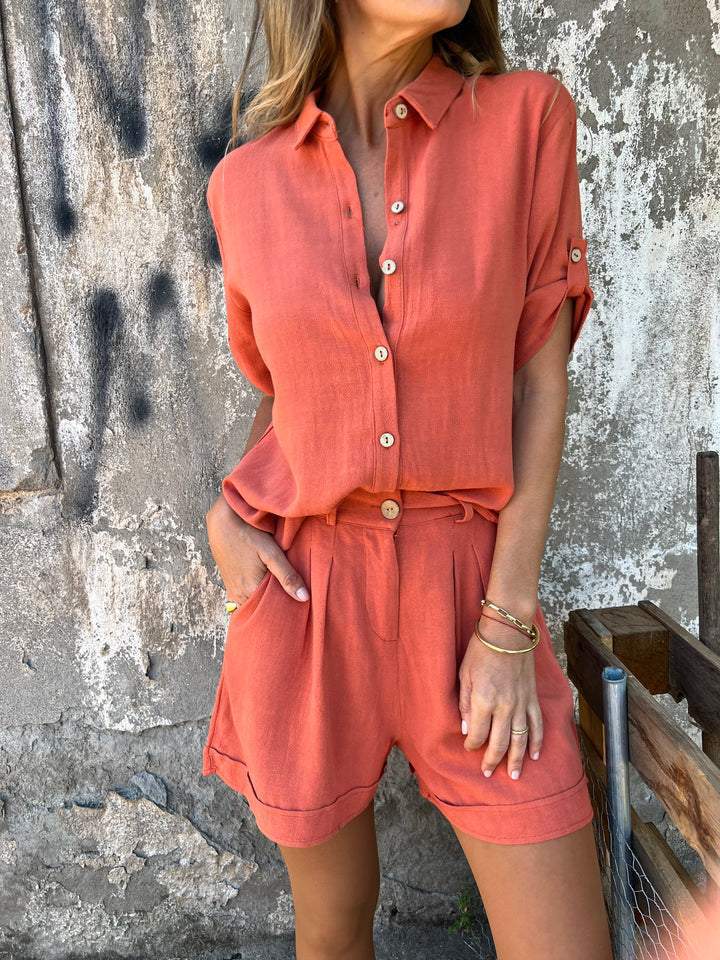 Damen Lässiges Jumpsuit-Set mit knöpfbarem Oberteil und elastischem Taillenzug Shopnory