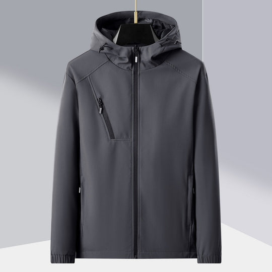 Herren leichte Softshell-Outdoorjacke mit ergonomischer Kapuze und diagonalem Brustreißverschluss Shop Nory