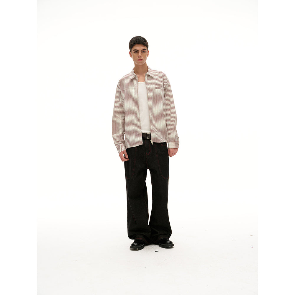 Unisex Leichte gestreifte Hemdjacke mit durchgehendem Reißverschluss und Brustpaspeltasche Shop Nory