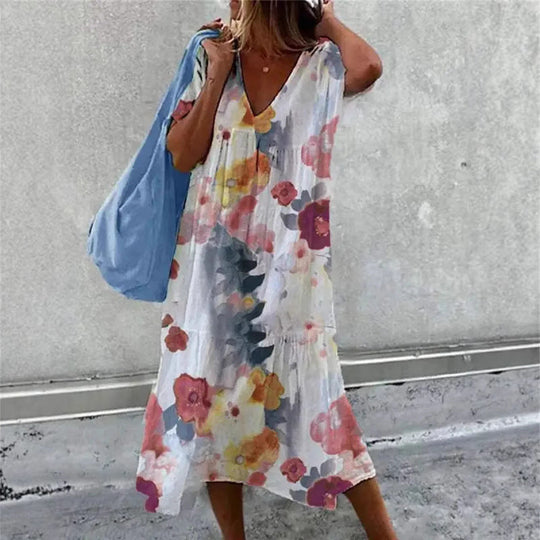 Damen lässiges Sommerkleid mit V-Ausschnitt und voluminösem Rock