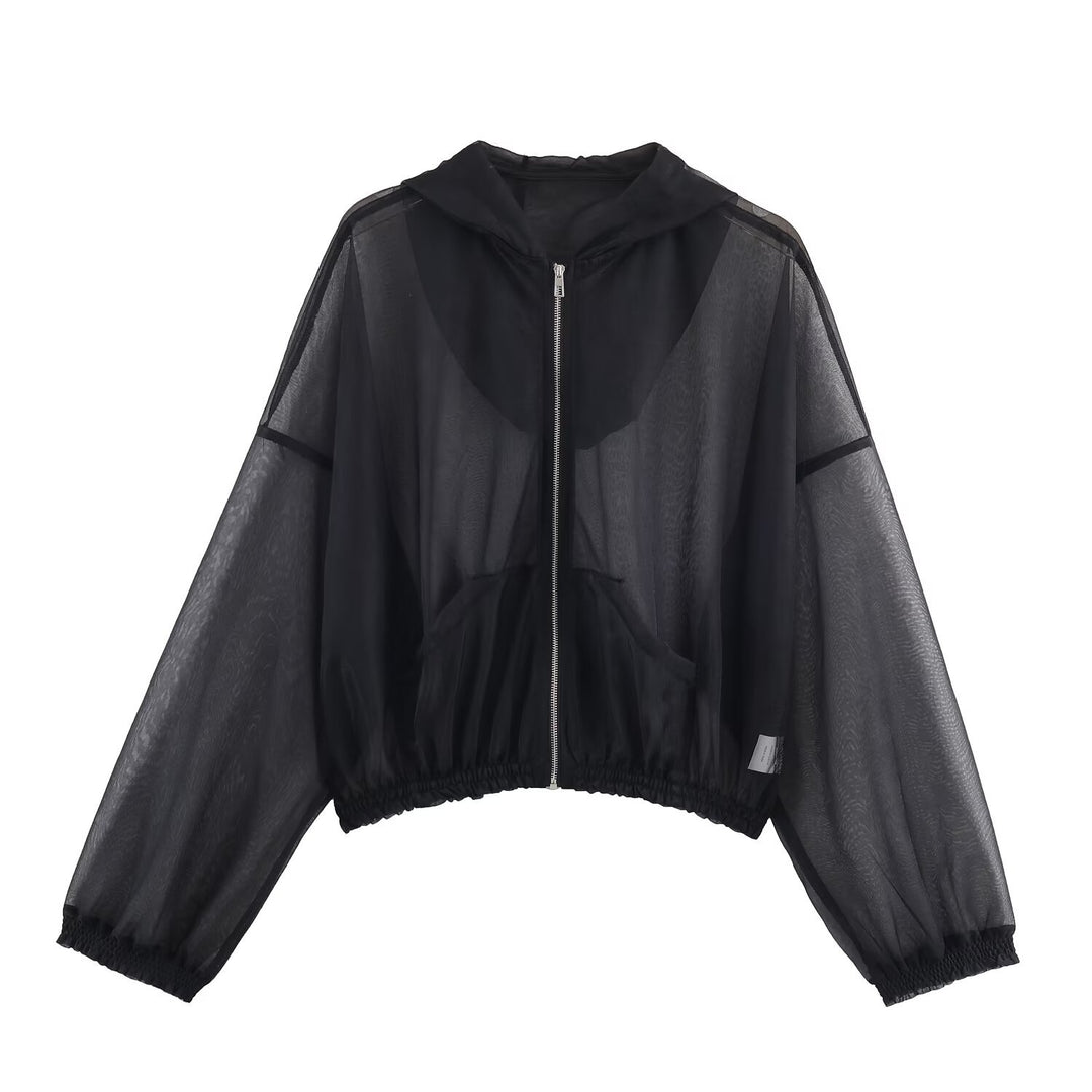 Damen Transparente Mesh-Trainingsjacke mit Kapuze, durchgehendem Reißverschluss und elastischem Saum Shop Nory