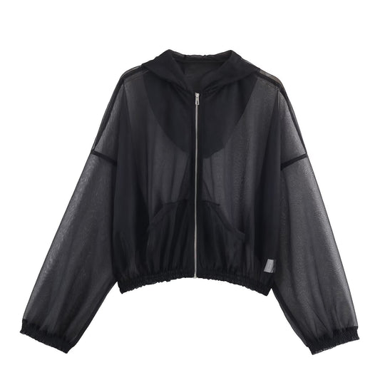 Damen Transparente Mesh-Trainingsjacke mit Kapuze, durchgehendem Reißverschluss und elastischem Saum Shop Nory