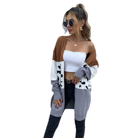 Damen Offene Longcardigan im Blockdesign mit Animal‑Intarsien und gerippten Abschlüssen Shop Nory
