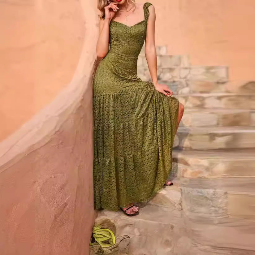 Damen Maxikleid mit exquisite Häkelstruktur und fließendem Rock