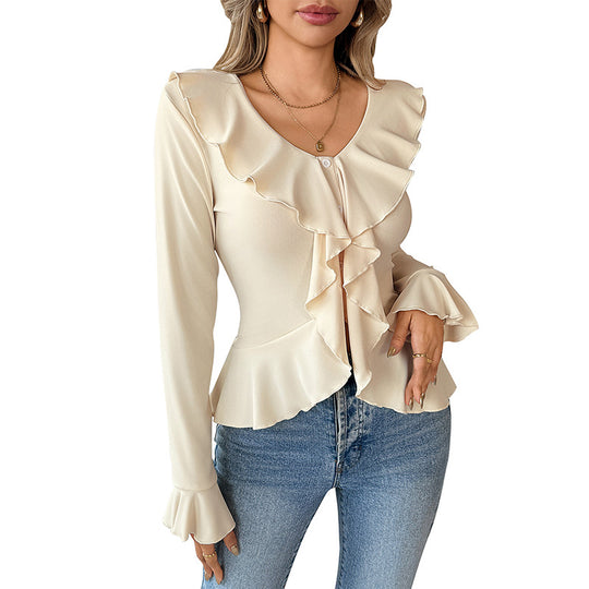 Damen Chiffon-Volantbluse mit Knopfleiste, Tailliertem Schößchen und Rüschenkragen Shop Nory