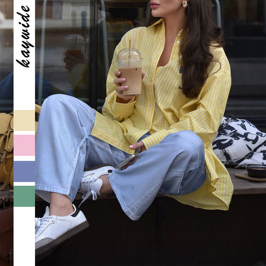 Damen nan oversized gestreifte Hemdbluse mit verlängertem Rückteil und extraweiten Manschetten Shop Nory