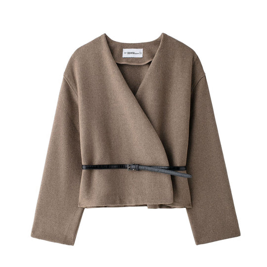 Damen Kurz-Wickelmantel aus Wollmix mit tiefem Schalkragen und schmalem Taillengürtel Shop Nory