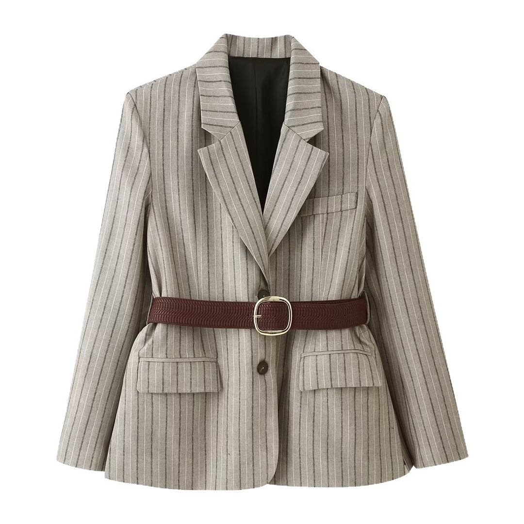Damen Taillierter Nadelstreifen-Blazer mit Pattentaschen und Taillengürtel Shop Nory