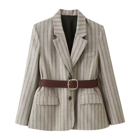 Damen Taillierter Nadelstreifen-Blazer mit Pattentaschen und Taillengürtel Shop Nory