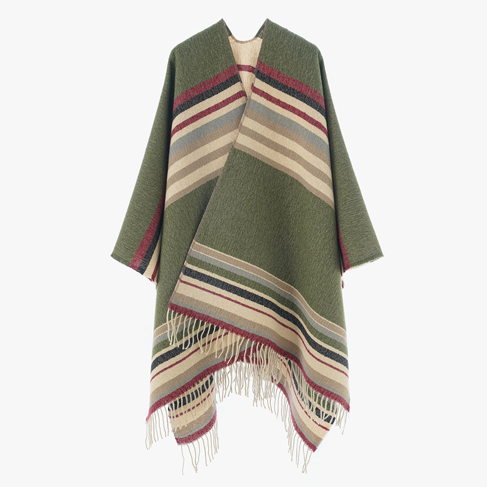 Damen Gestreifter Wollmix-Capeponcho mit Fransen Shop Nory