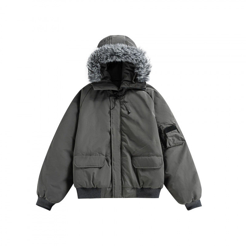 Unisex Wattierte Bomberjacke mit Kunstfellkapuze, geripptem Saum und Utility-Taschen Shop Nory