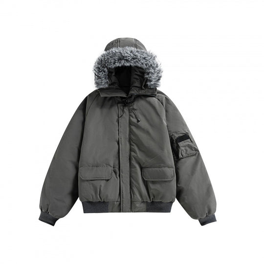 Unisex Wattierte Bomberjacke mit Kunstfellkapuze, geripptem Saum und Utility-Taschen Shop Nory
