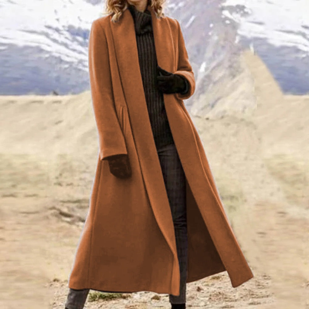 Damen eleganter langer Wollmix-Mantel mit offenem Fall und seitlichen Eingrifftaschen Shop Nory