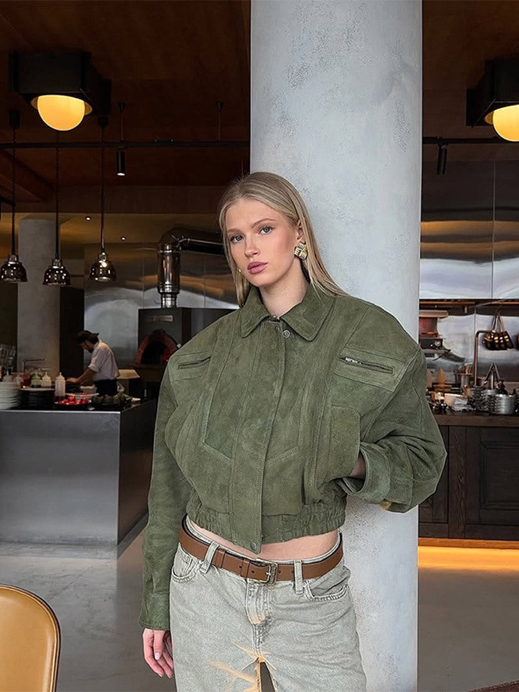 Damen Kurzer Veloursleder-Bomber mit elastischer Taillierung und überschnittener Schulter Shop Nory