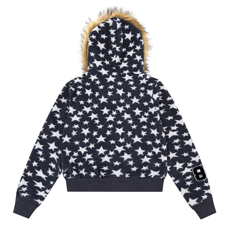 Damen Kapuzen-Sherpajacke mit Sternenprint, Reißverschluss und Kunstpelzbesatz Shop Nory