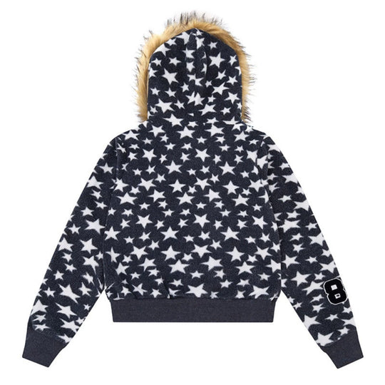 Damen Kapuzen-Sherpajacke mit Sternenprint, Reißverschluss und Kunstpelzbesatz Shop Nory