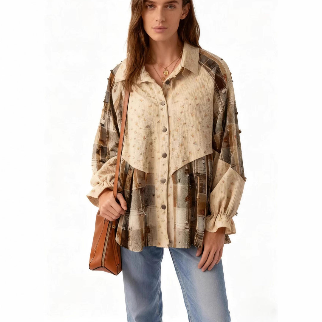 Damen Patchwork-Bluse-Jacke mit plissiertem Saum und Knopfleiste Shop Nory