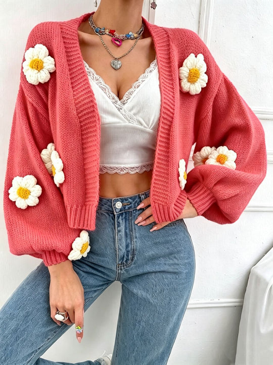 Damen Kurzgeschnittener Grobstrick-Cardigan mit 3D-Blütenapplikationen Shop Nory