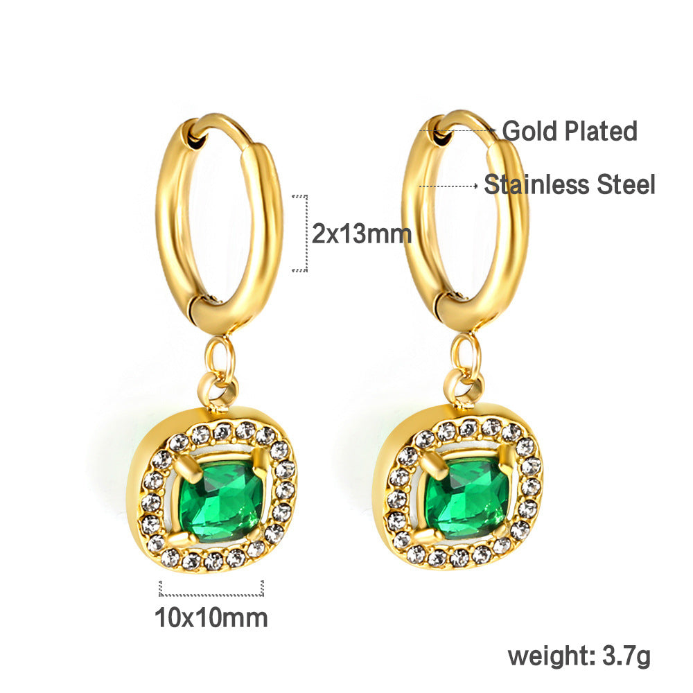 Damen Hängende Ohrstecker mit funkelndem grünem Zirkonia und goldplattierter Edelstahlfassung Shop Nory