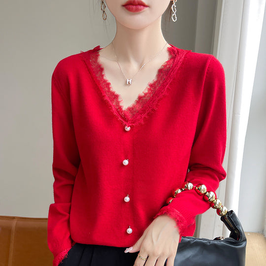 Damen Zarter V-Ausschnitt-Feinstrickcardigan mit floraler Spitzenkante und Perlenverzierung Shop Nory