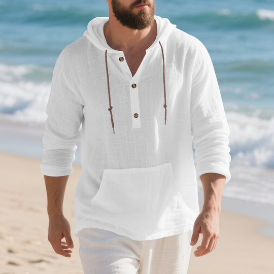 Herren Leichter Kapuzen-Henley aus Baumwoll-Leinen mit Kängurutasche Shop Nory