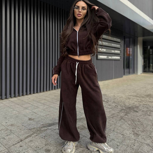 Damen Gekürztes Zip-Fleece-Set mit tailliertem Kordelbund und weitem Hosenbein Shop Nory