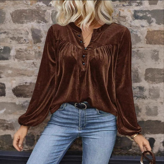 Damen Samtsweatshirt mit Henley-Knopfleiste, geraffter Brustpasse und lockerer Silhouette Shop Nory