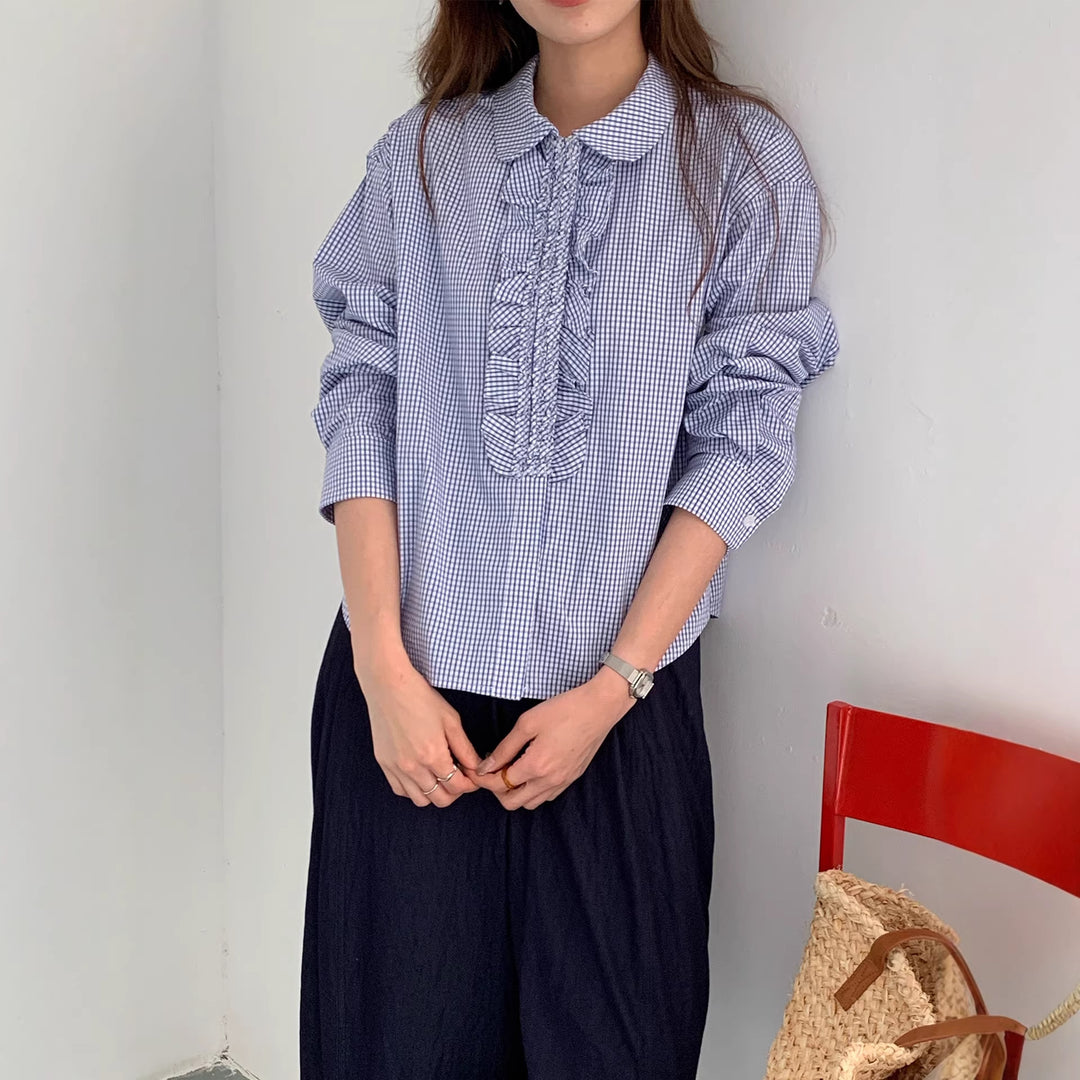 Damen Karierte Bluse mit Rüschendetails Shop Nory