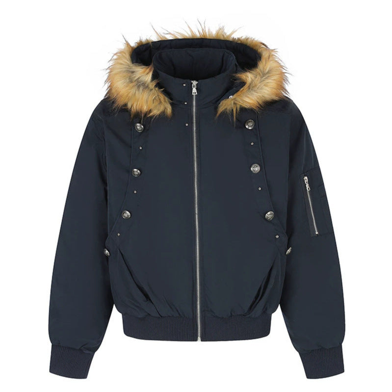 Damen Kurz geschnittene Bomberjacke mit Kunstfellkapuze und Ösenapplikation Shop Nory