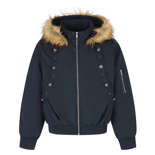 Damen Kurz geschnittene Bomberjacke mit Kunstfellkapuze und Ösenapplikation Shop Nory