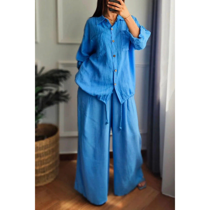 Damen Leinen-Set mit weiten Hosen undlässiger Bluse