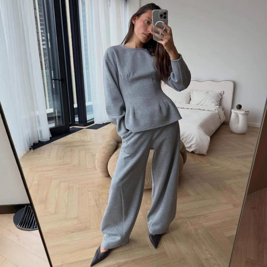 Damen Tailliertes Peplum-Oberteil mit Wiener Nähten und weitem Lounge-Hosen-Set Shop Nory