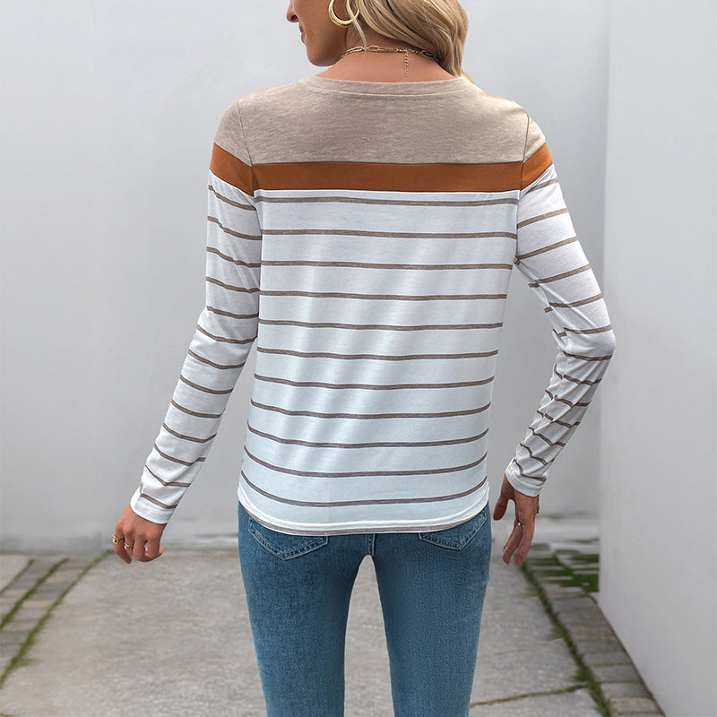 Damen Langarm-Shirt mit feinem Streifenmuster, Kontrast-Schulterpasse und Rundhalsausschnitt Shop Nory