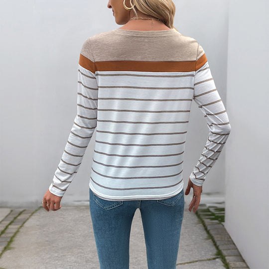 Damen Langarm-Shirt mit feinem Streifenmuster, Kontrast-Schulterpasse und Rundhalsausschnitt Shop Nory