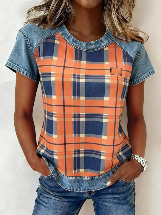 Damen Kurzarmshirt mit Jeans-Einsätzen und Teddy-Patchprint Shop Nory