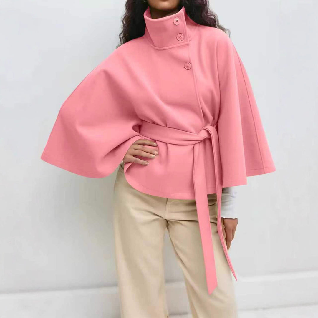 Damen Weit geschnittener Cape-Mantel mit hohem Stehkragen, Knopfleiste und Bindegürtel Shop Nory